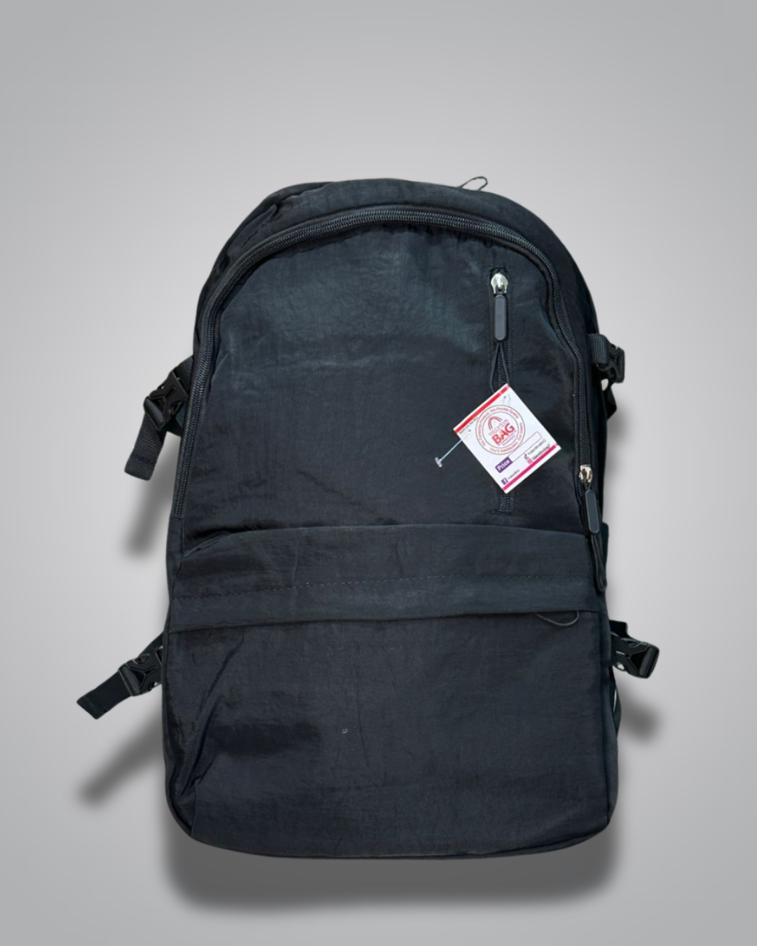 Black backpack with a visible brand label on a gray background- Valentino Impex