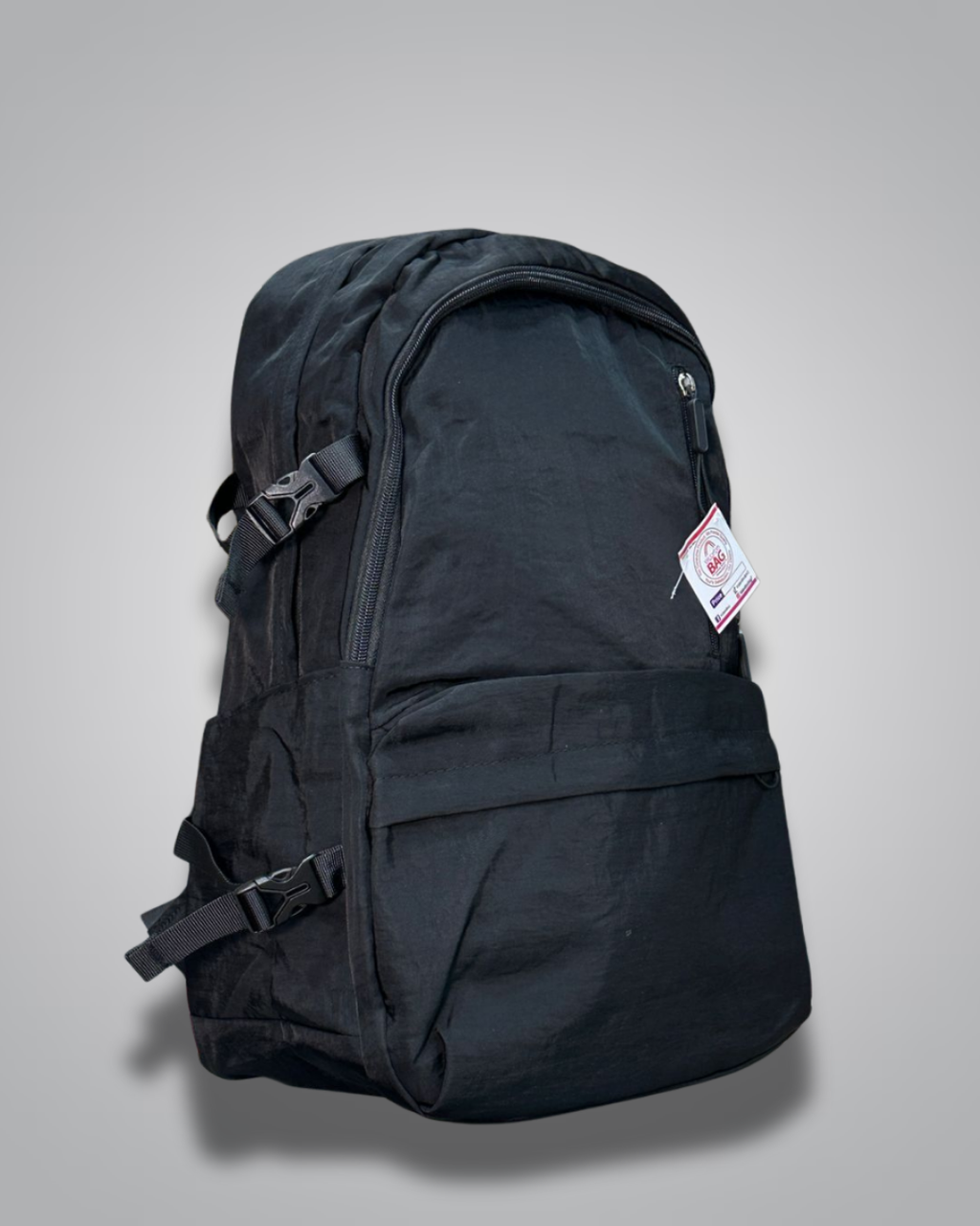 Black backpack with a visible brand label on a gray background- Valentino Impex
