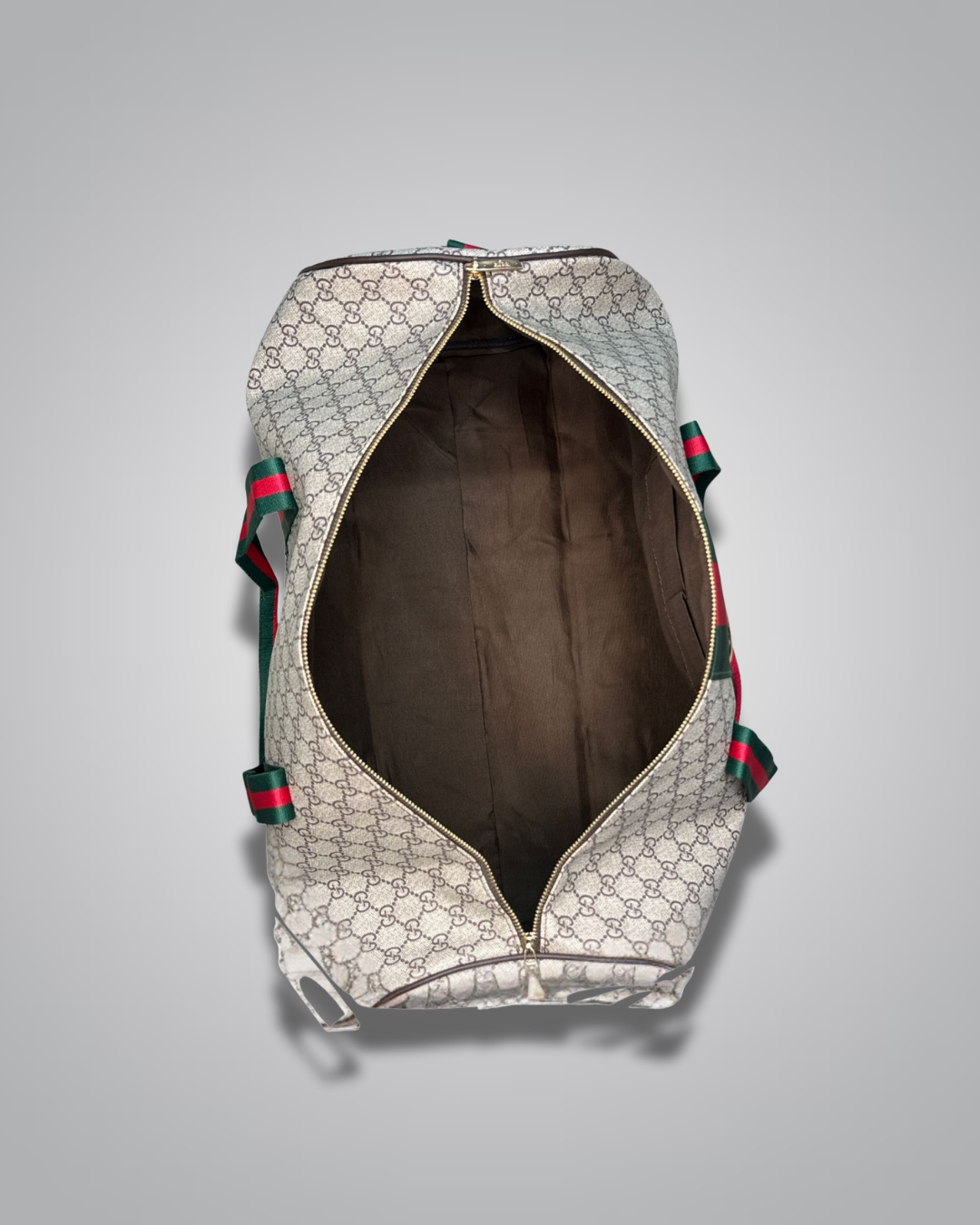 Designer bag with a distinctive pattern on a gray background