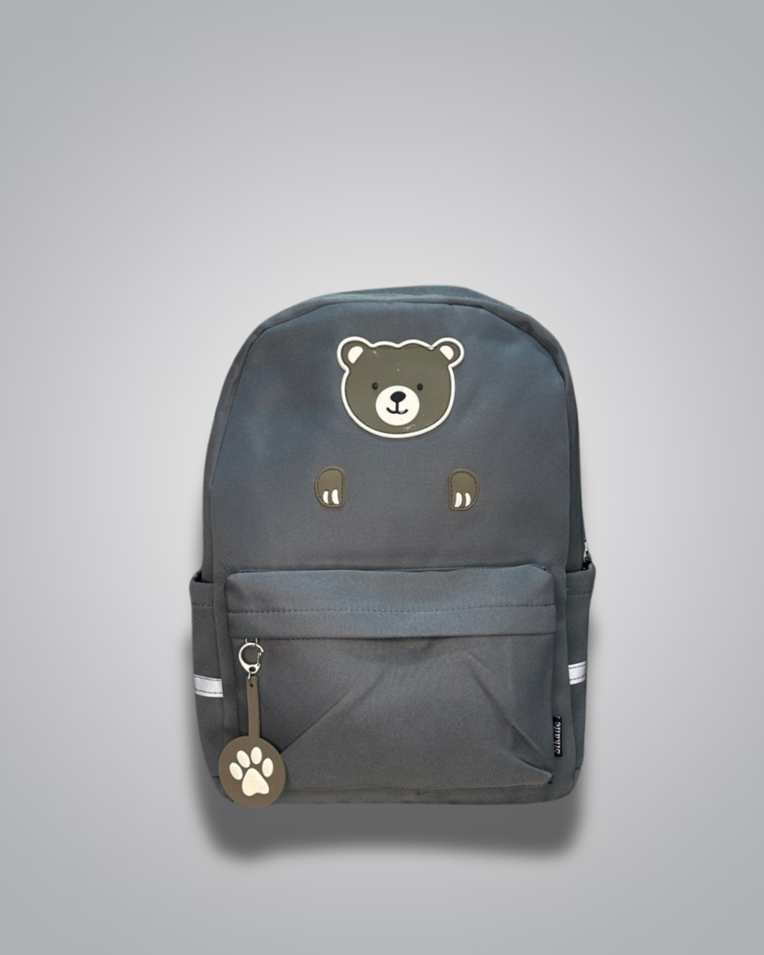 Gray backpack with a bear emblem and paw keychain on a gray background- Valentino Impex
