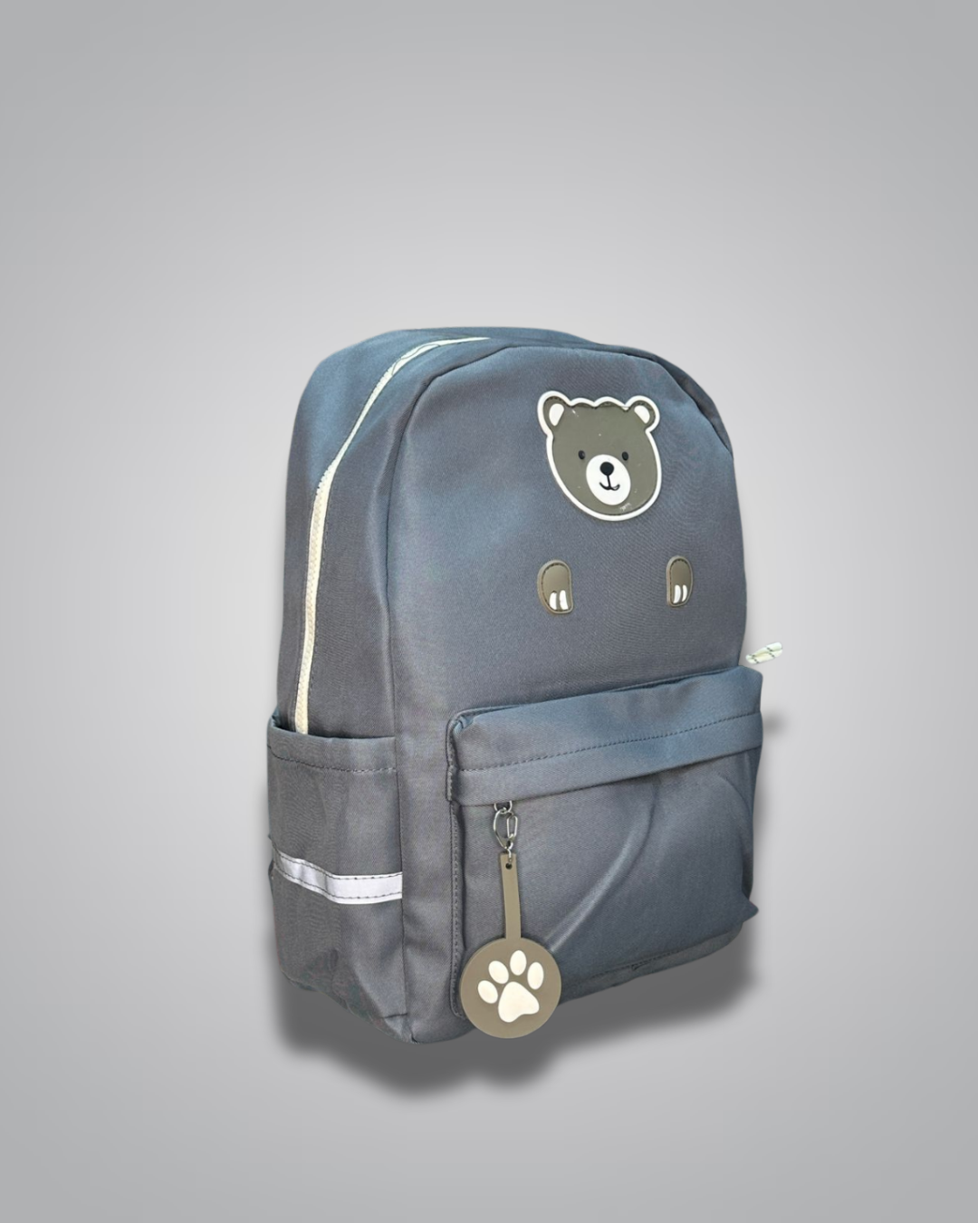 Gray backpack with a bear emblem and paw print tag on a gray background- Valentino Impex