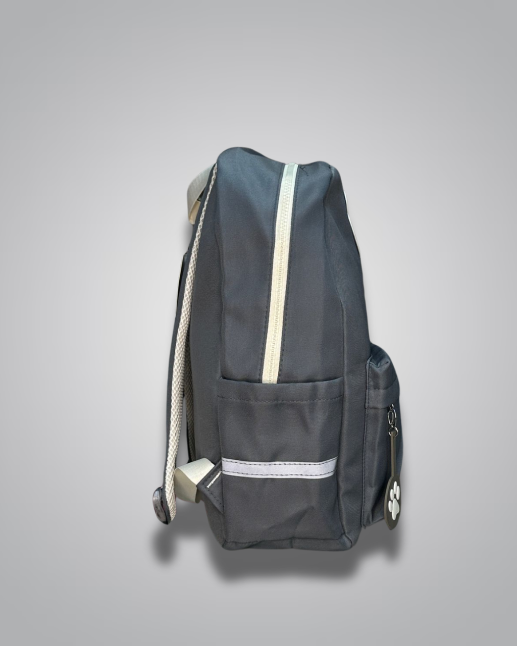 Gray backpack with white accents on a light gray background- Valentino Impex