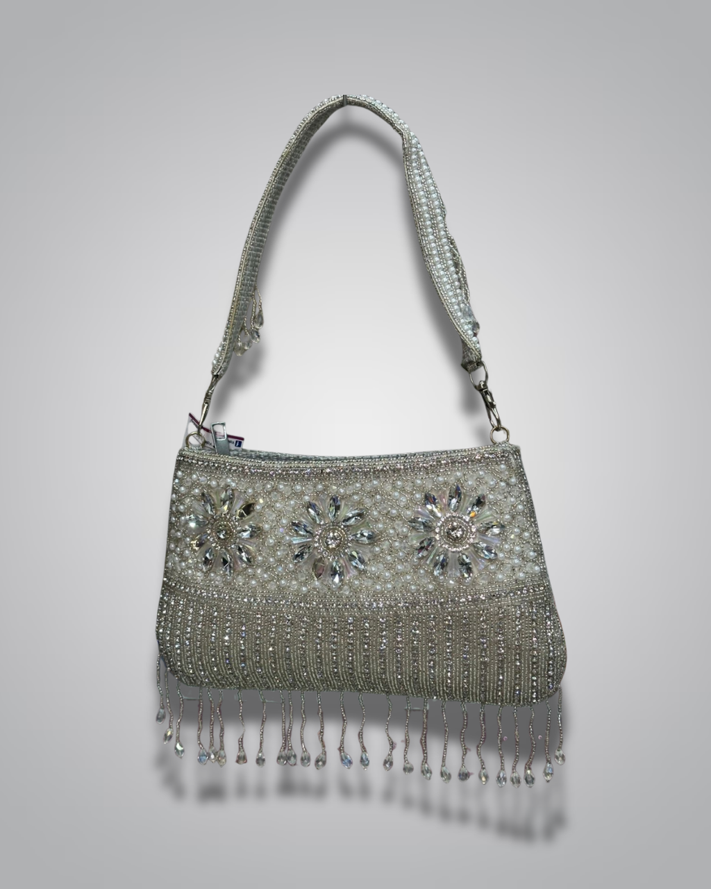 Silver embroidered party purse with pearl floral design and hanging crystal beads – Valentino Impex Nepal

