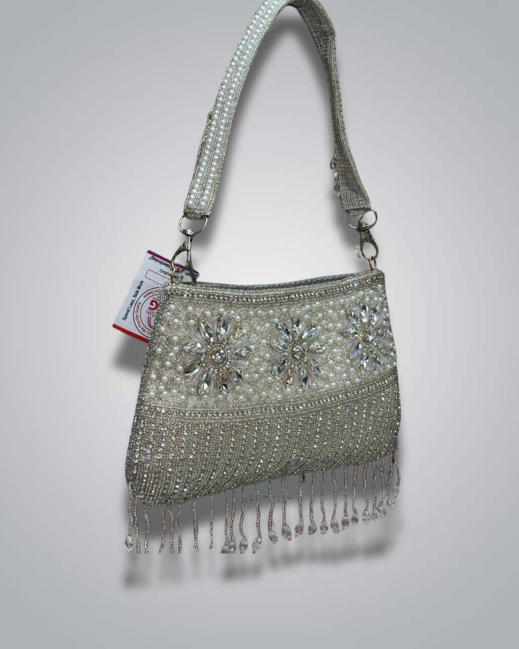 Silver embroidered party purse with pearl floral design and hanging crystal beads – Valentino Impex Nepal

