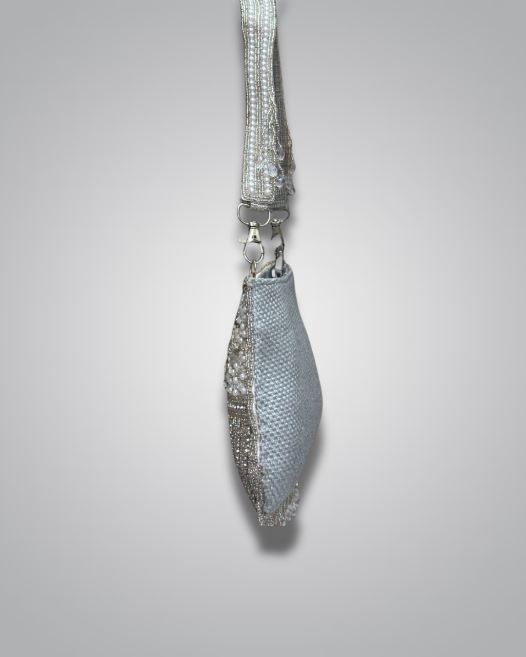 Silver embroidered party purse with pearl floral design and hanging crystal beads – Valentino Impex Nepal

