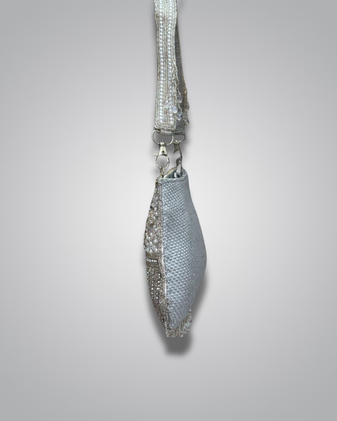 Silver embroidered party purse with pearl floral design and hanging crystal beads – Valentino Impex Nepal

