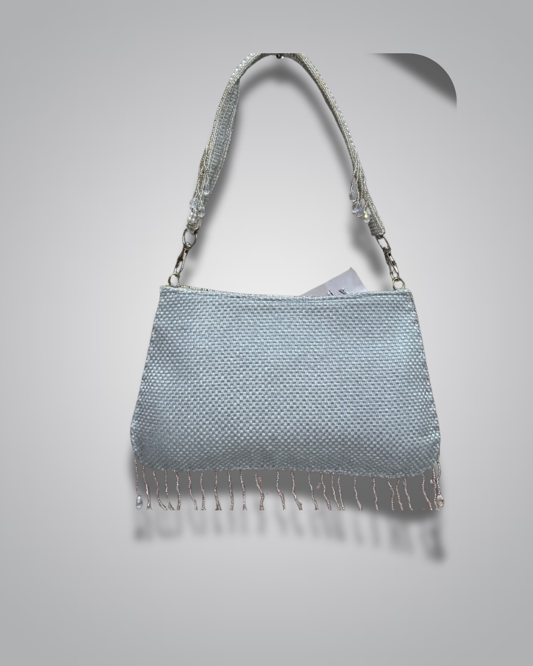 Silver embroidered party purse with pearl floral design and hanging crystal beads – Valentino Impex Nepal

