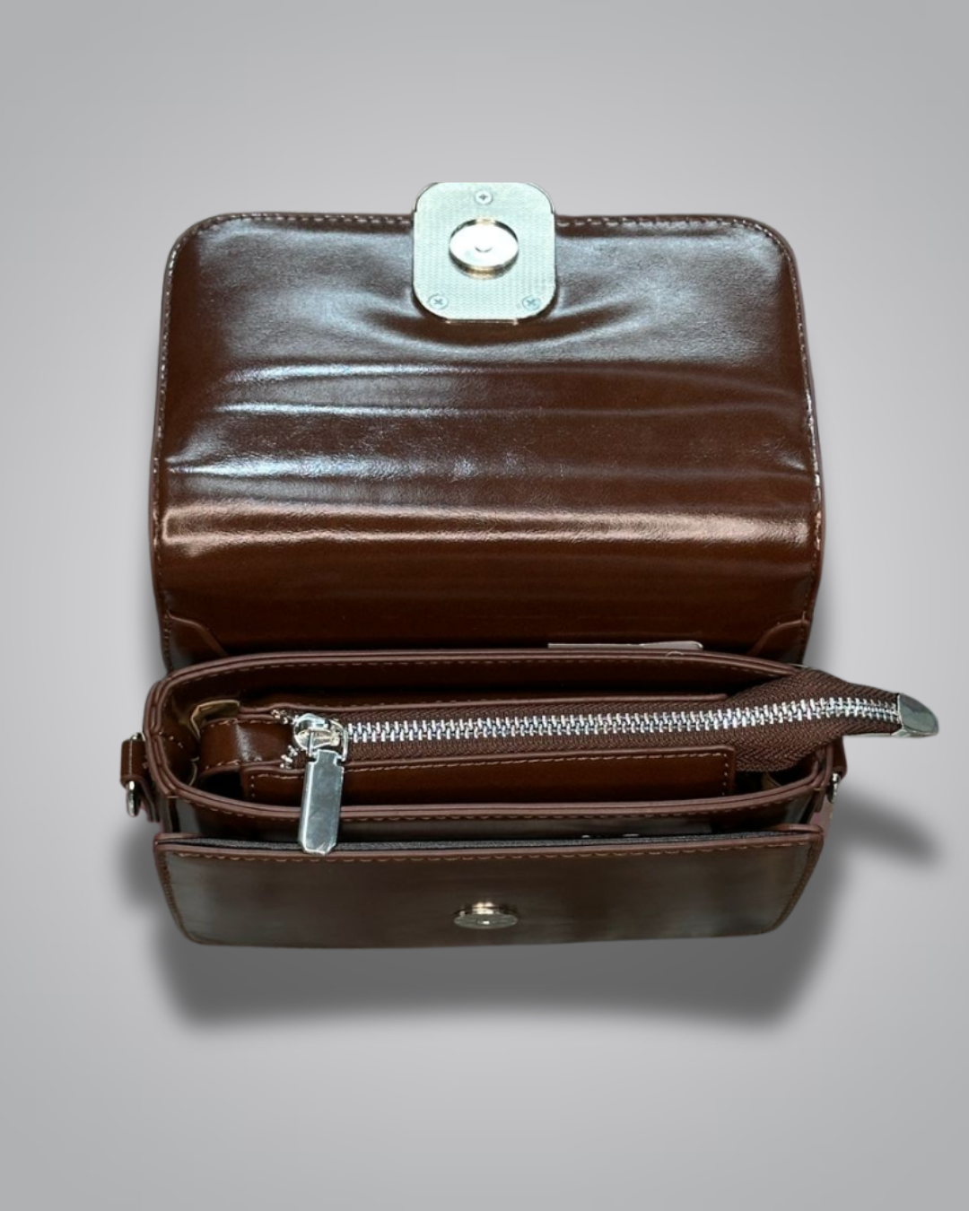 Glossy Brown Party Shoulder Bag with Metal Buckle