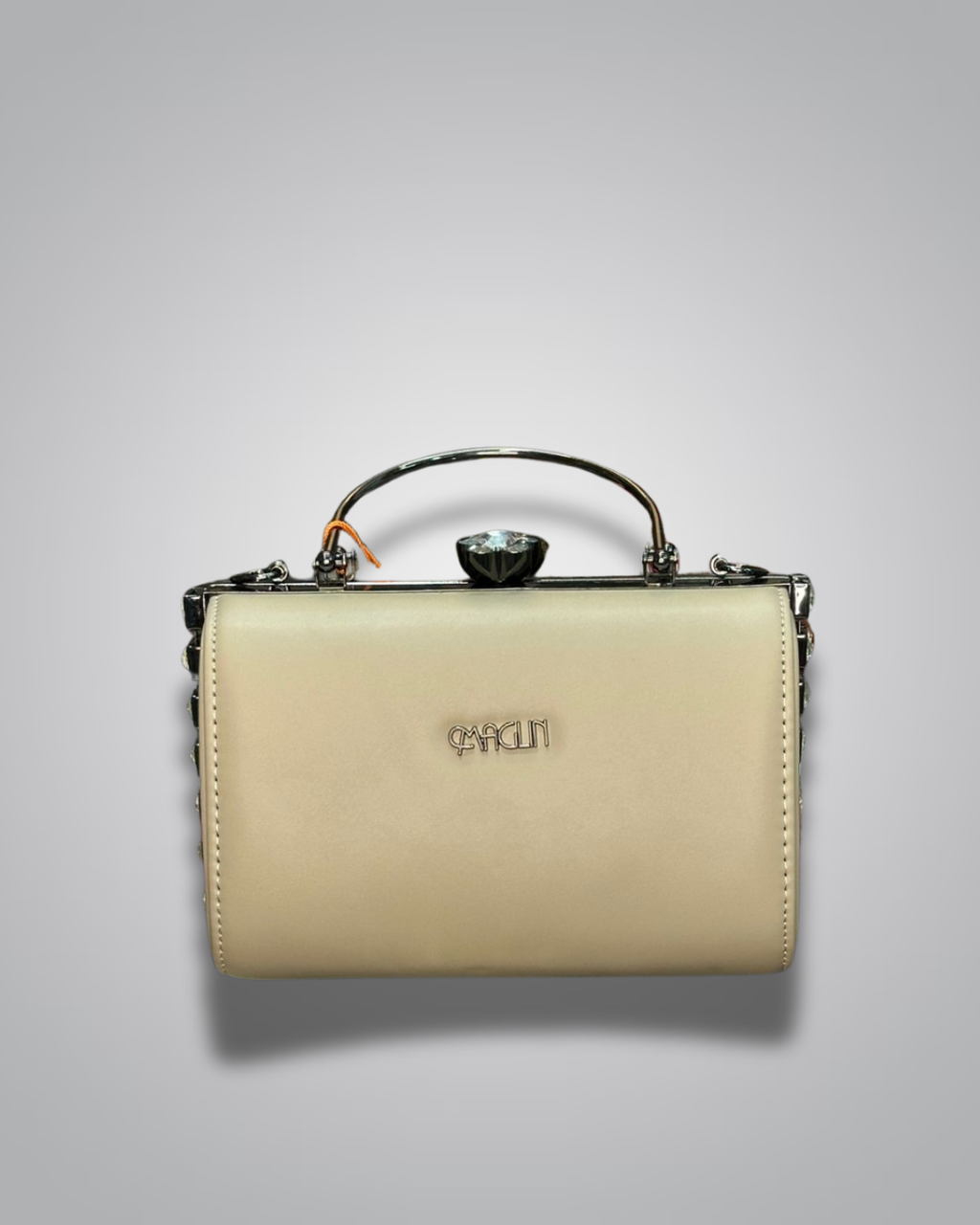 Cream diamond handle party purse with metal top handle and crystal stud sides

