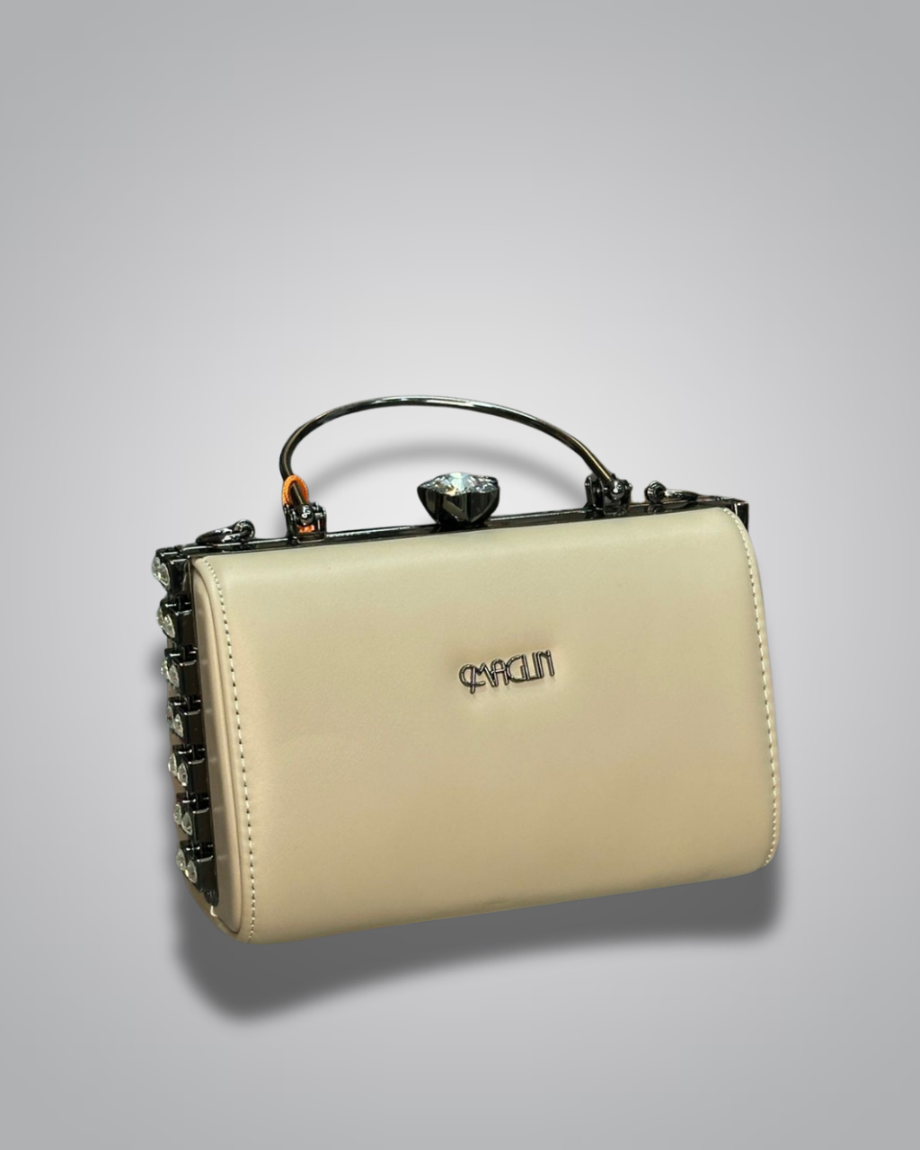 Cream diamond handle party purse with metal top handle and crystal stud sides

