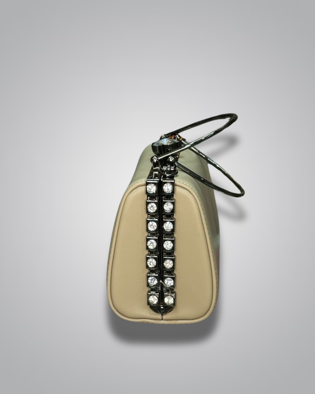 Cream diamond handle party purse with metal top handle and crystal stud sides

