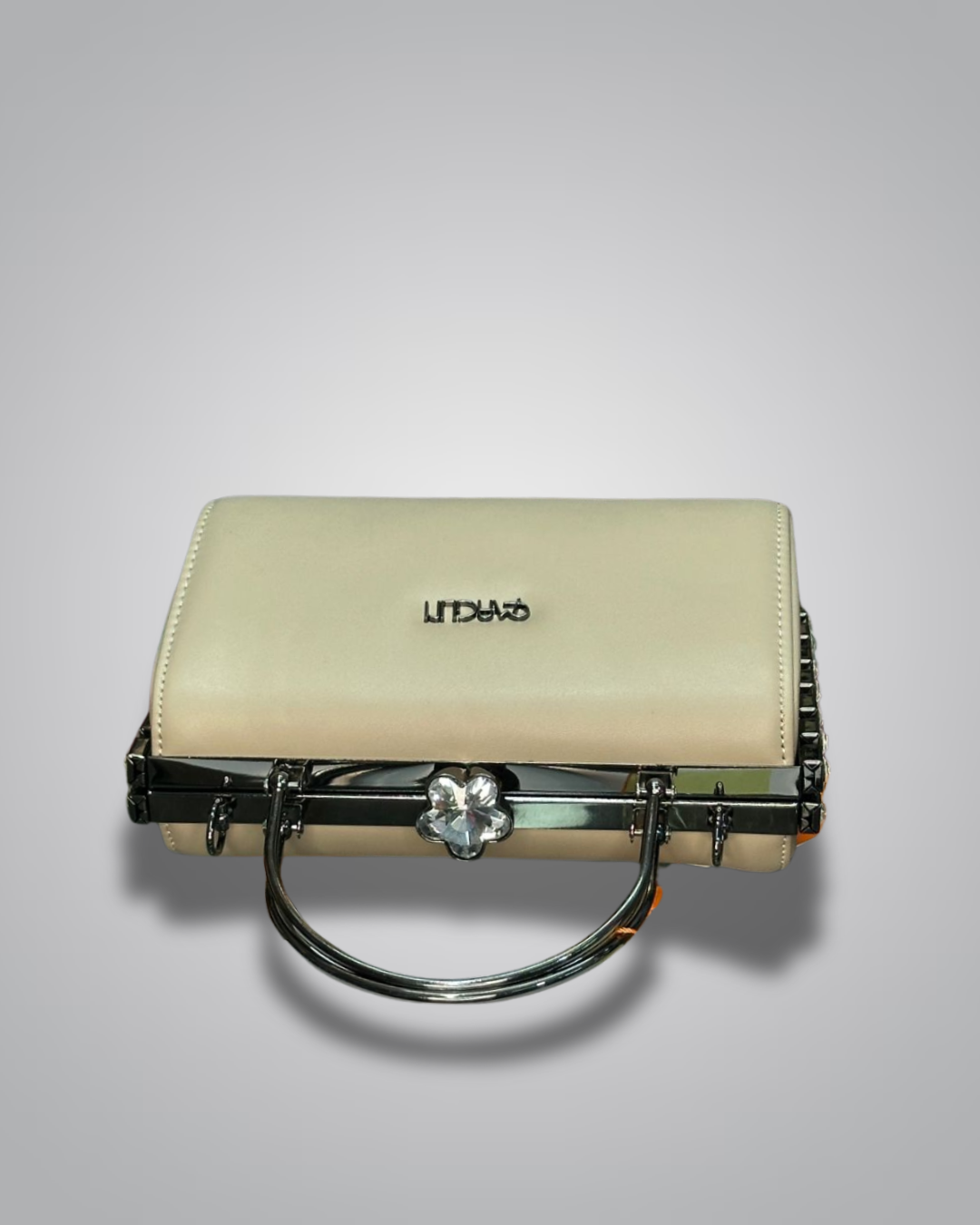 Cream diamond handle party purse with metal top handle and crystal stud sides

