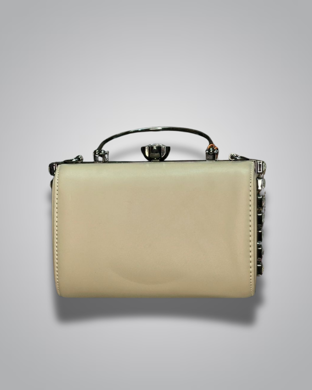 Cream diamond handle party purse with metal top handle and crystal stud sides

