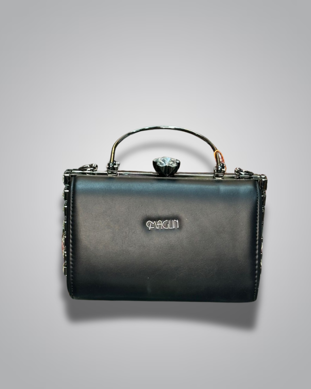 Black diamond handle party purse with metal top handle and crystal stud sides
- Valentino Impex
