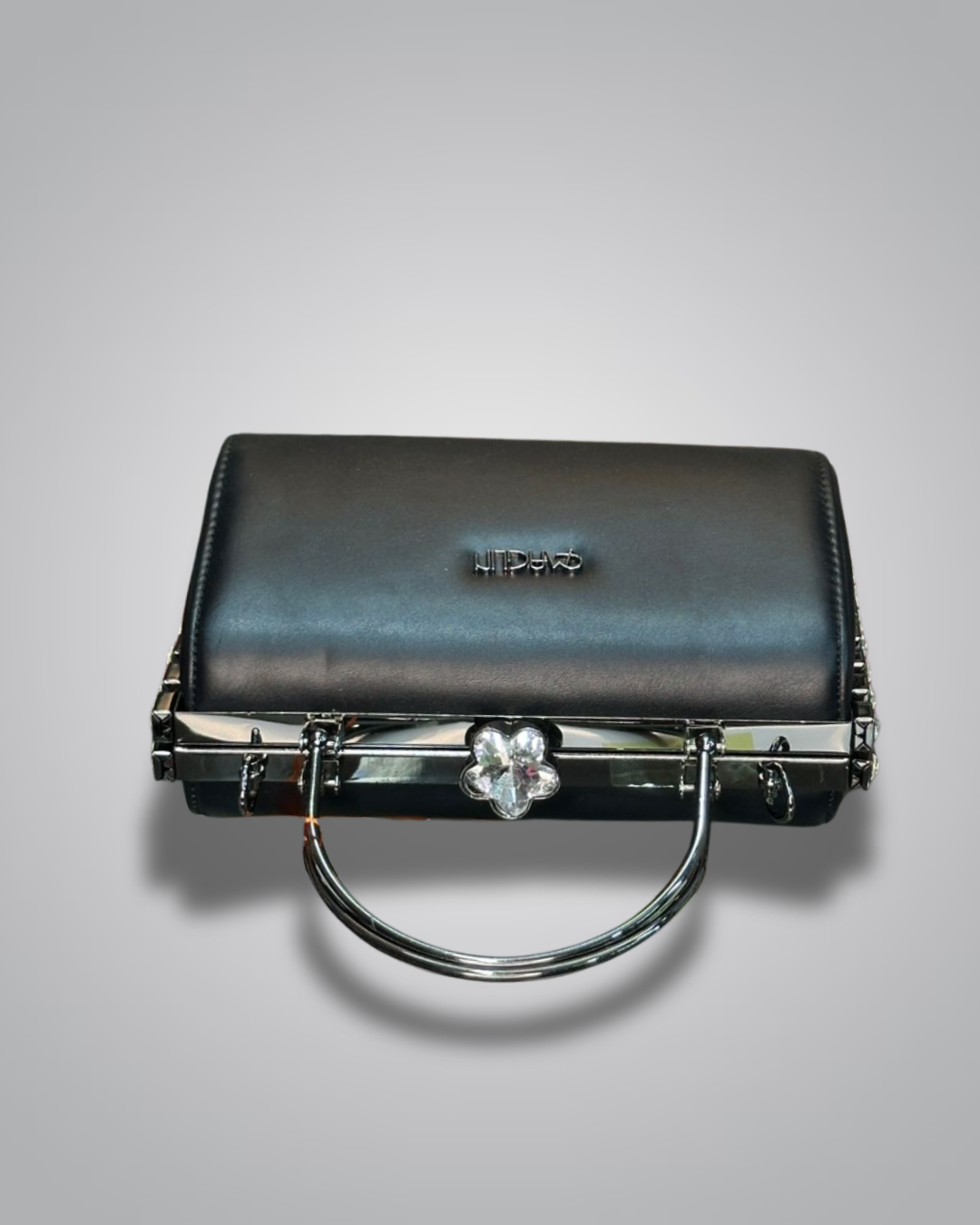 Black diamond handle party purse with metal top handle and crystal stud sides
- Valentino Impex