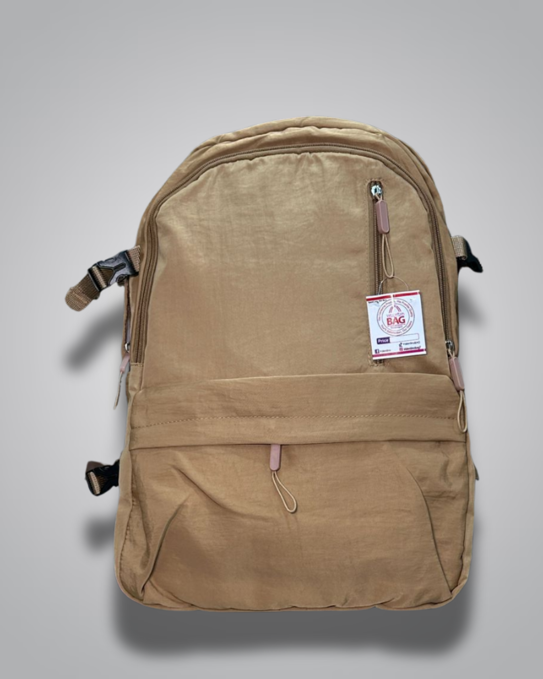 Brown backpack with a visible brand tag on a gray background- Valentino Impex