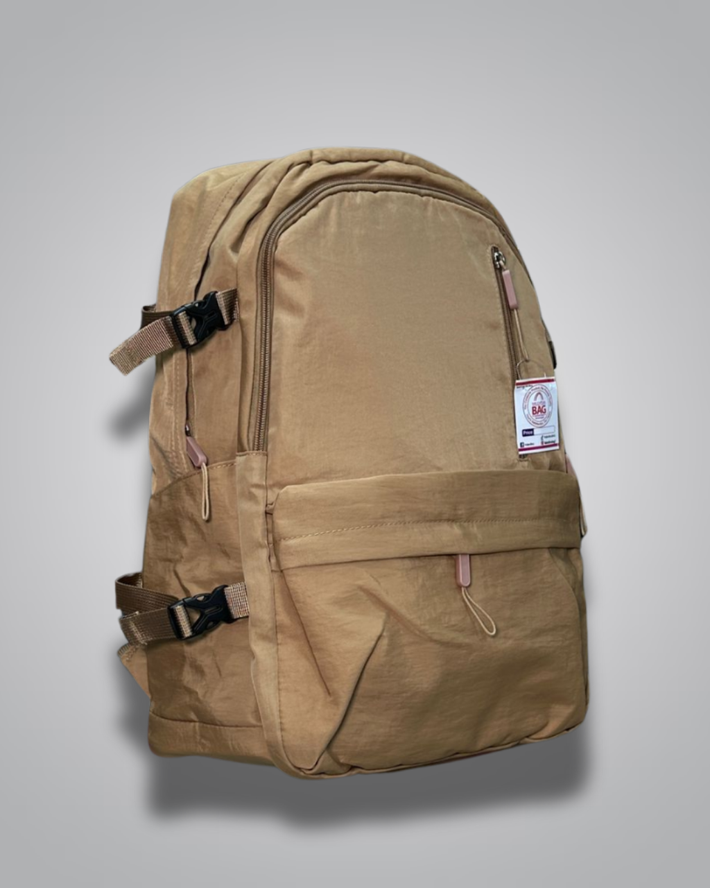 Brown backpack with a visible brand tag on a gray background- Valentino Impex