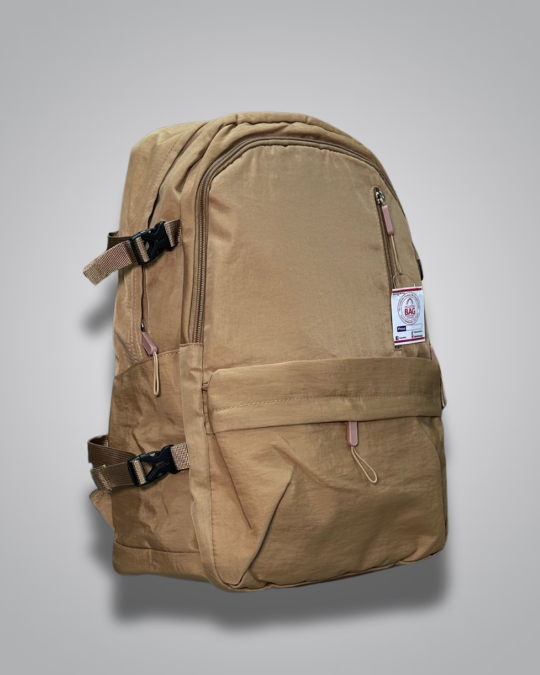 Brown backpack with a visible brand tag on a gray background- Valentino Impex