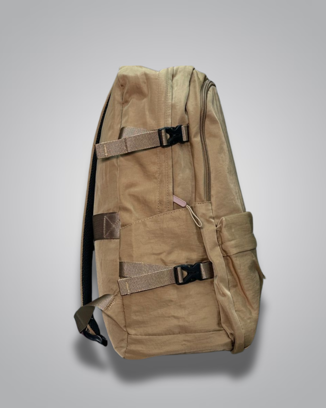 Brown backpack with a visible brand tag on a gray background- Valentino Impex