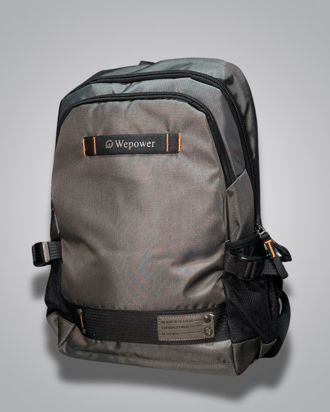Gray backpack with 'Wepower' logo on a gray background- Valentino Impex