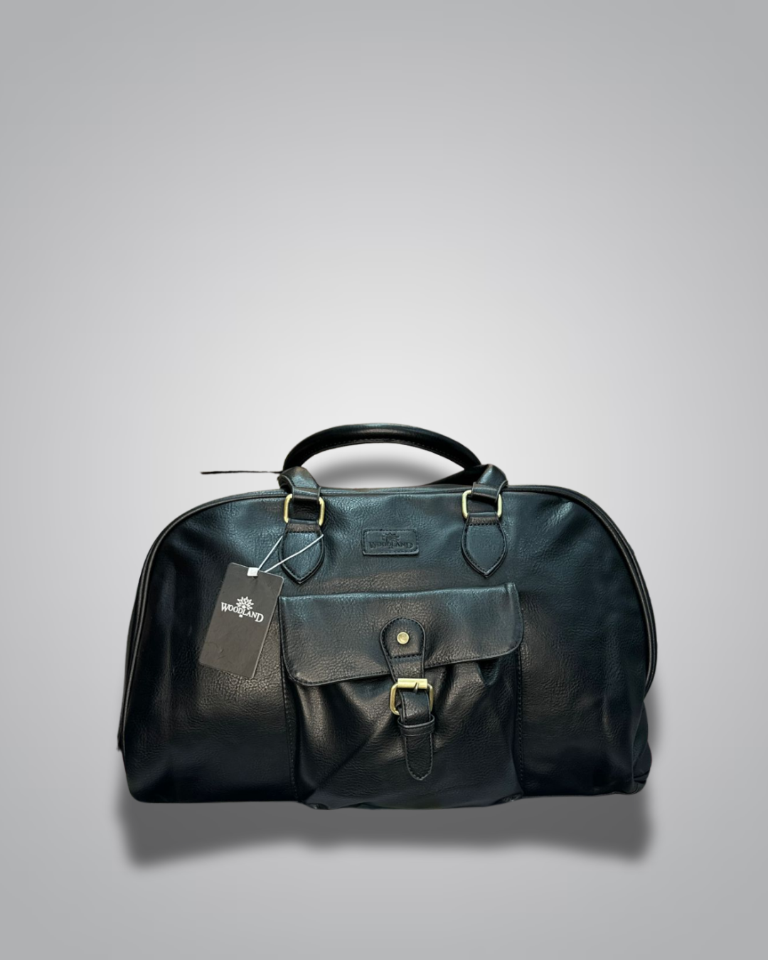 Black leather duffel bag with gold hardware on a gray background- Valentino Impex