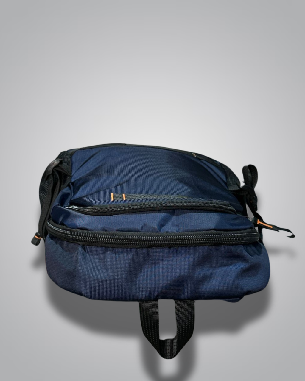 Blue backpack with black zippers on a gray background- Valentino Impex