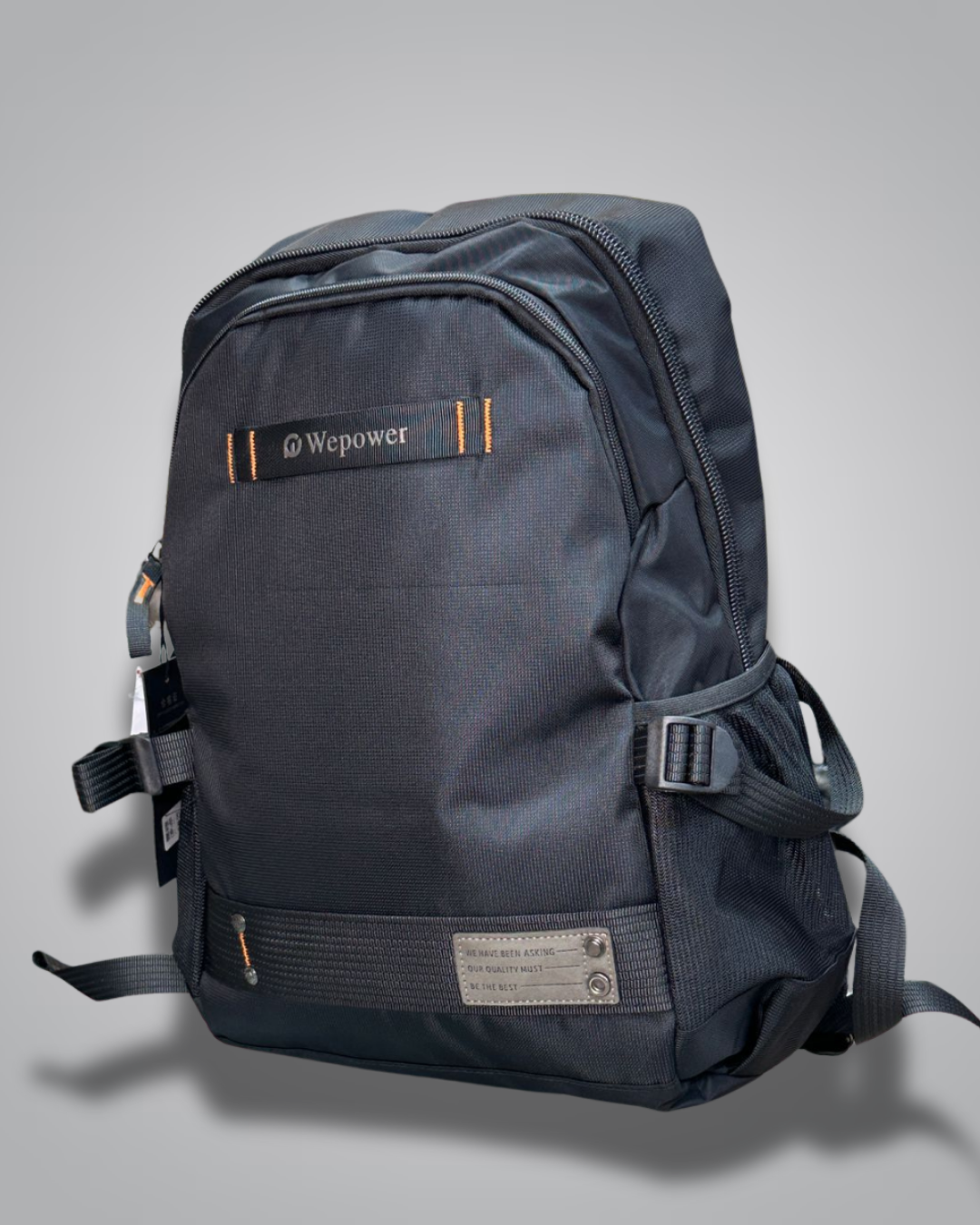 Dark blue backpack with visible branding on a gray background- Valentino Impex