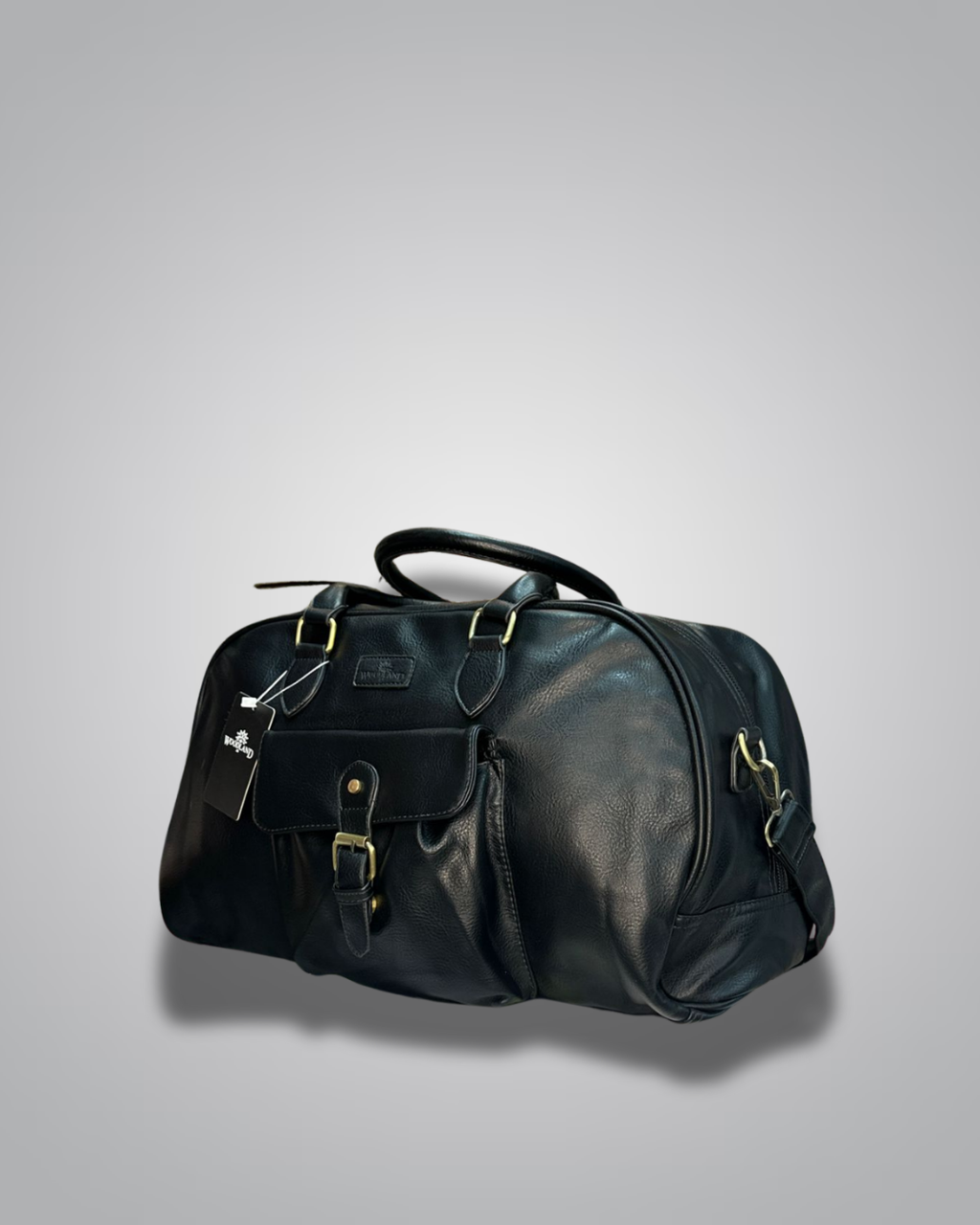 Black leather duffel bag on a light gray background- Valentino Impex