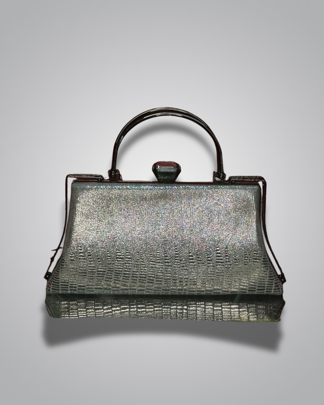 Vintage handbag with metallic sheen on a gray background- Valentino Impex