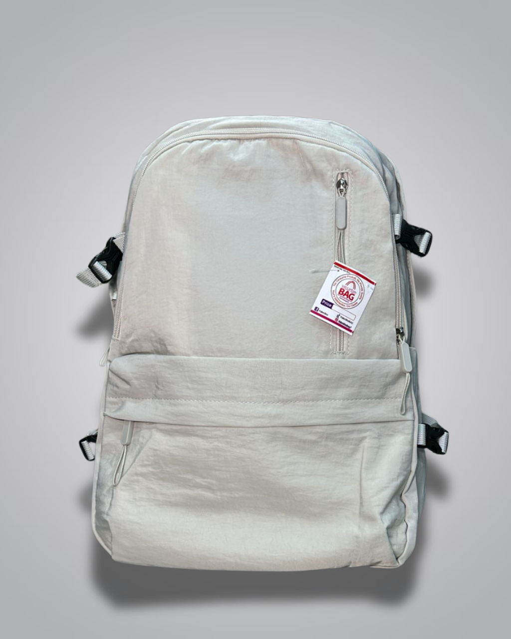 Light gray backpack with a visible brand label on a gray background- Valentino Impex