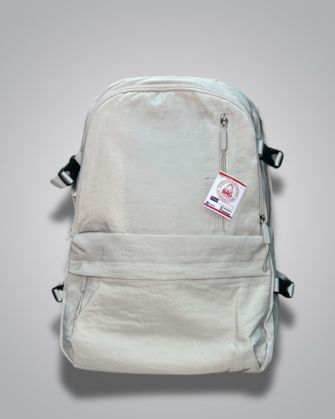 Light gray backpack with a visible brand label on a gray background- Valentino Impex