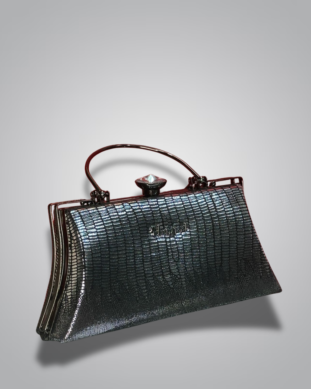 Vintage handbag with metallic sheen on a gray background- Valentino Impex