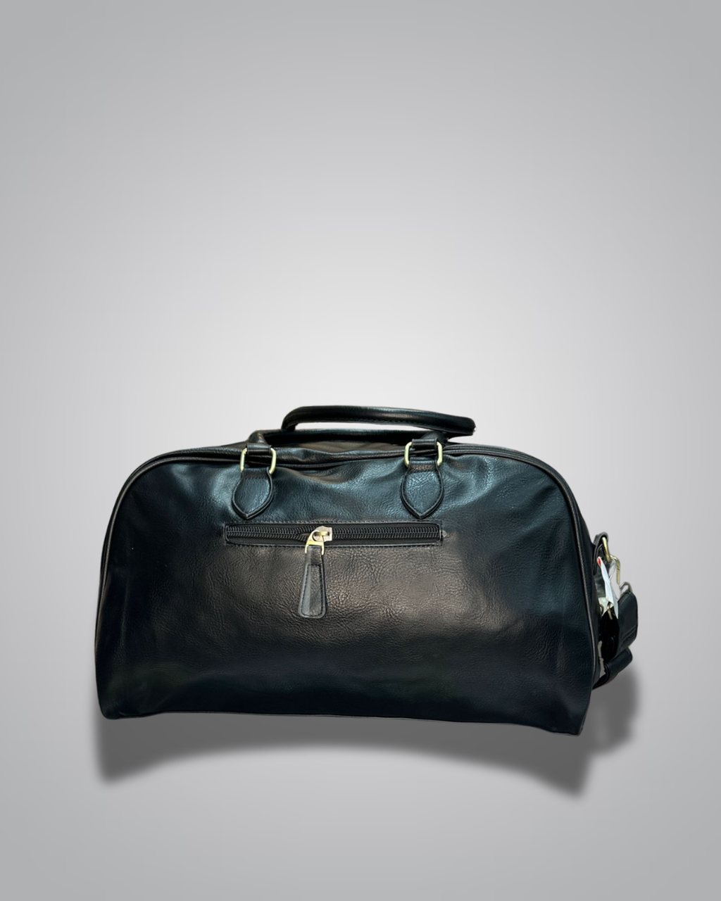 Black leather duffel bag on a gray background- Valentino Impex