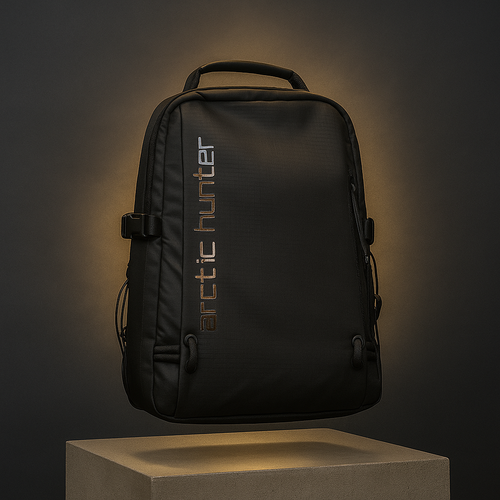 Black backpack with 'Arctic Hunter' branding on a dark background- valentino impex