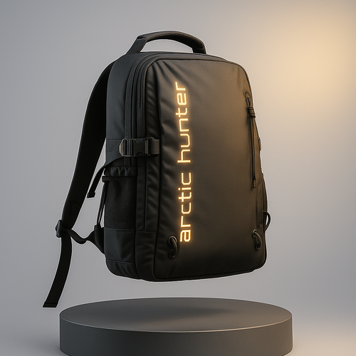 Black backpack with 'arctic hunter' branding on a gray background- valentino impex