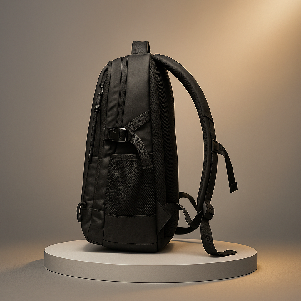 Black backpack on a round platform with a neutral background- valentino impex