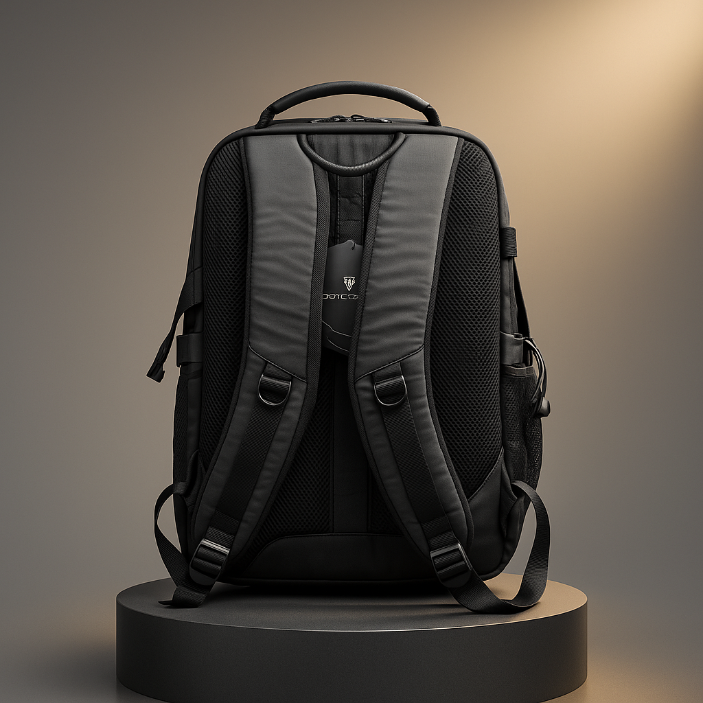 Black backpack on a round platform with a gradient background- valentino impex