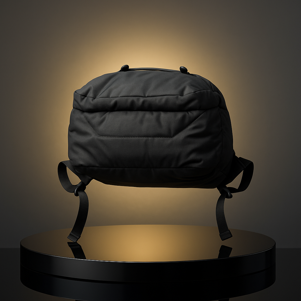 Black backpack on a reflective black platform with a warm light background- valentino impex