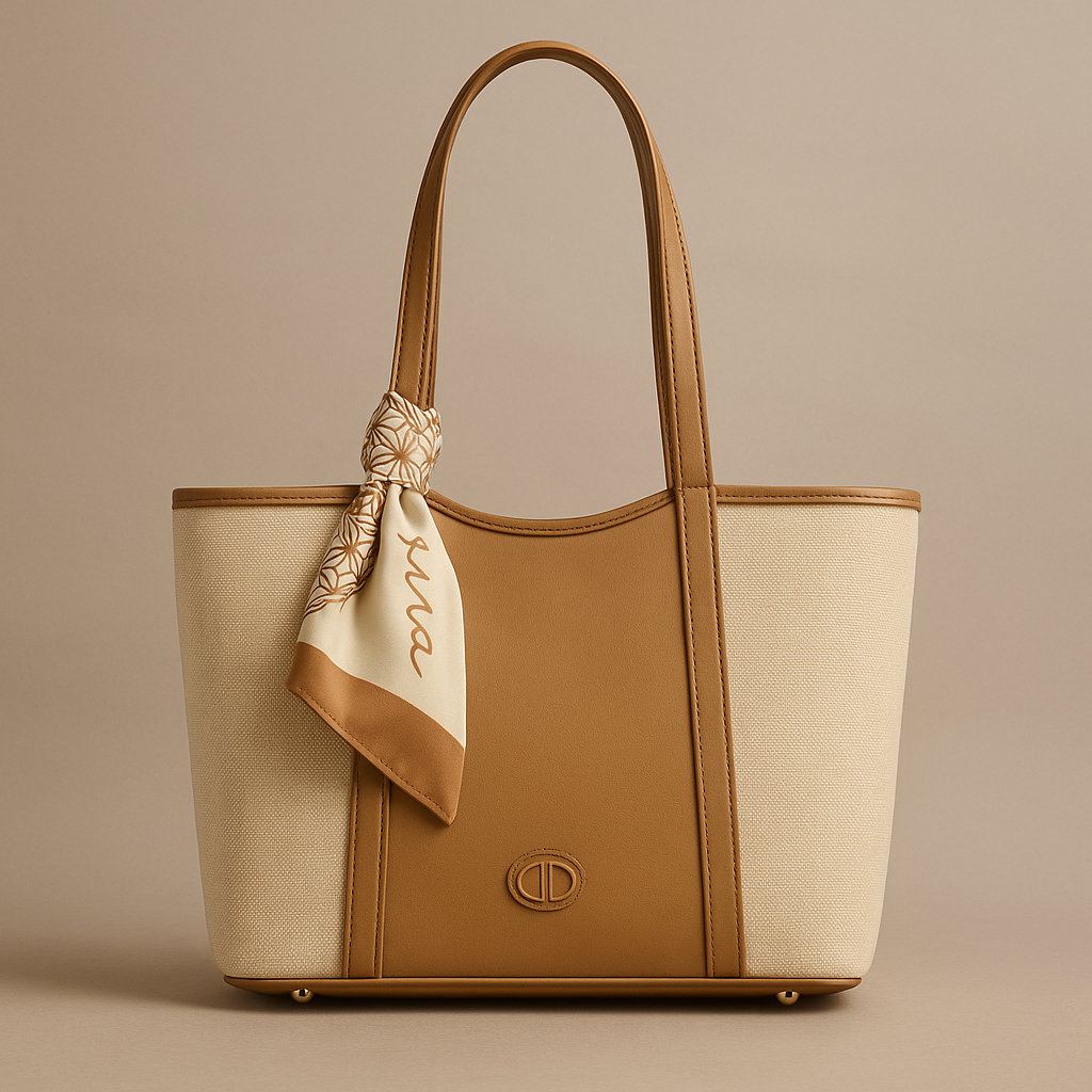 Beige and brown handbag with a matching scarf on a beige background