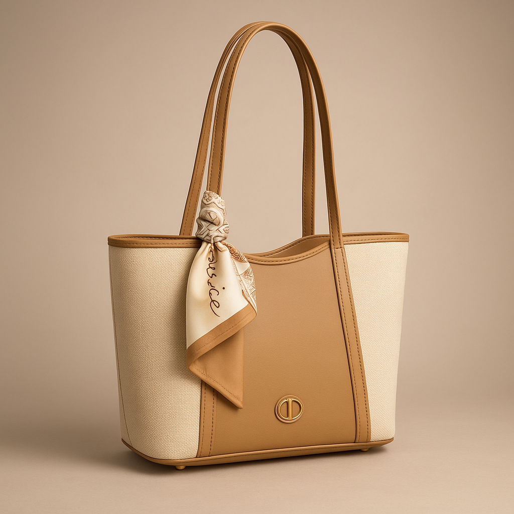 Beige and brown handbag with a decorative bow on a beige background