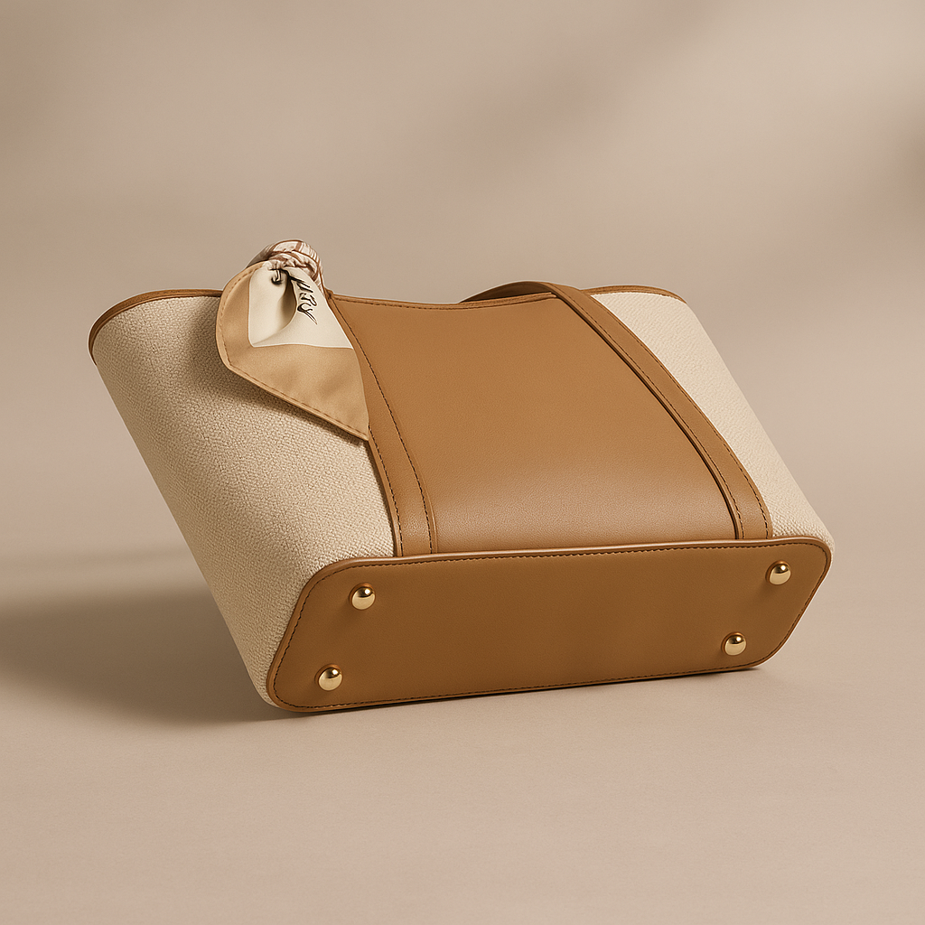 Tan and beige handbag with gold accents on a beige background