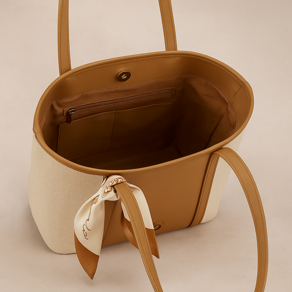 Brown handbag with a matching strap and decorative bow on a beige background