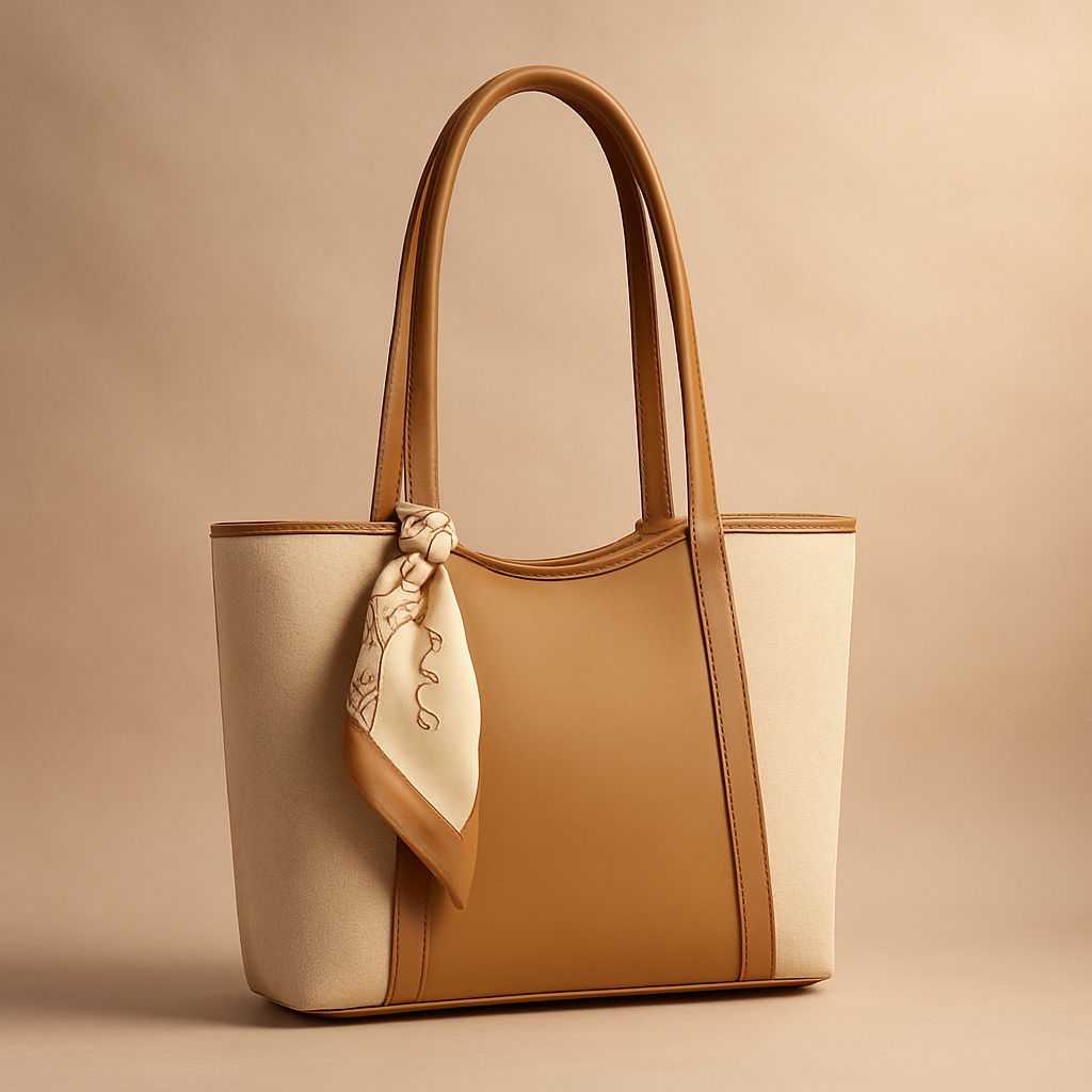 Tan and beige handbag with a matching scarf on a beige background