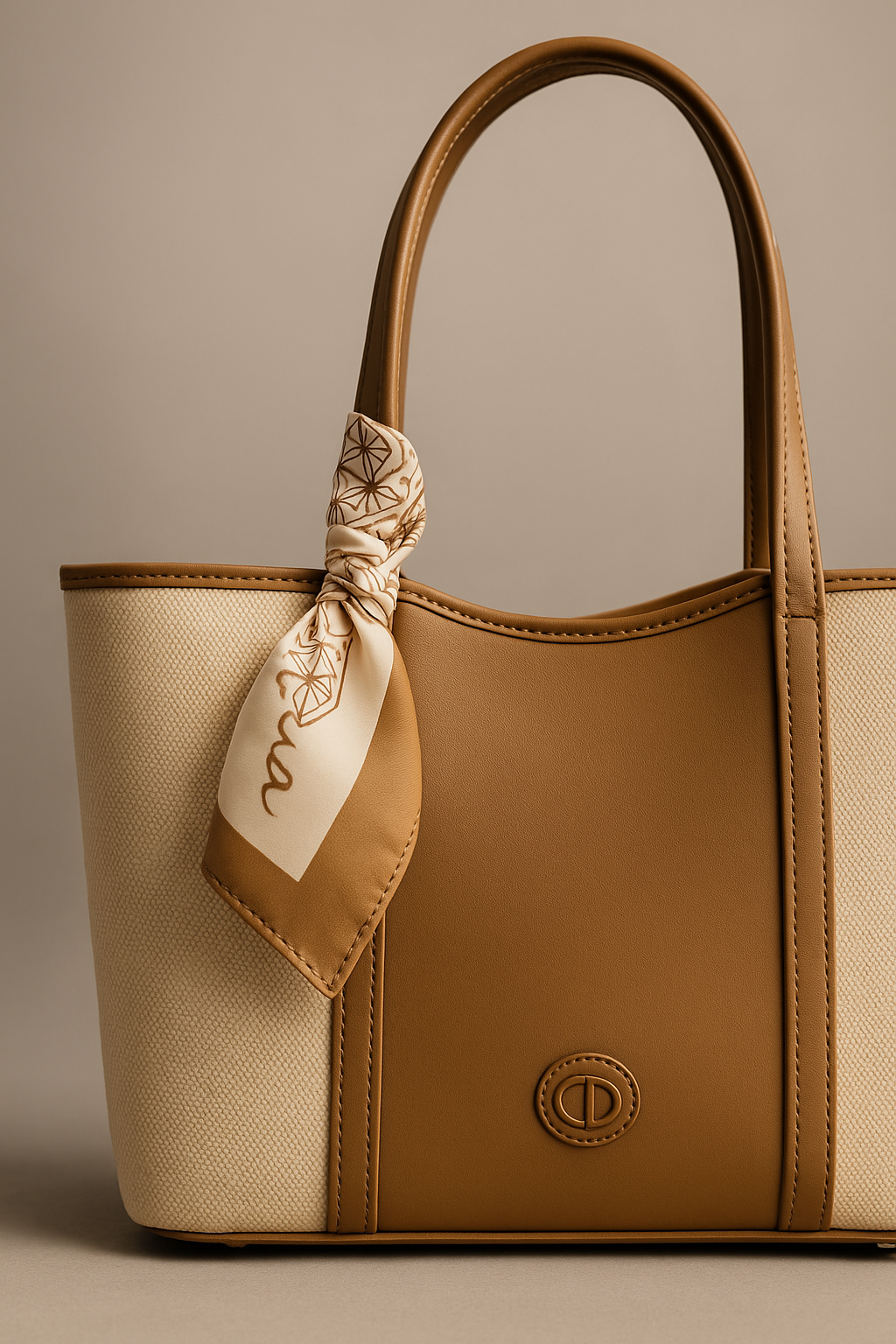 Brown and beige handbag with a decorative ribbon on a neutral background