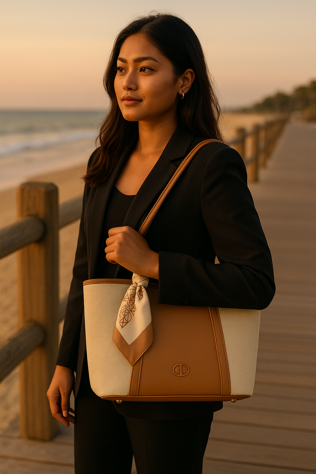 Woman holding a brown and beige handbag on a wooden boardwalk by the beach.