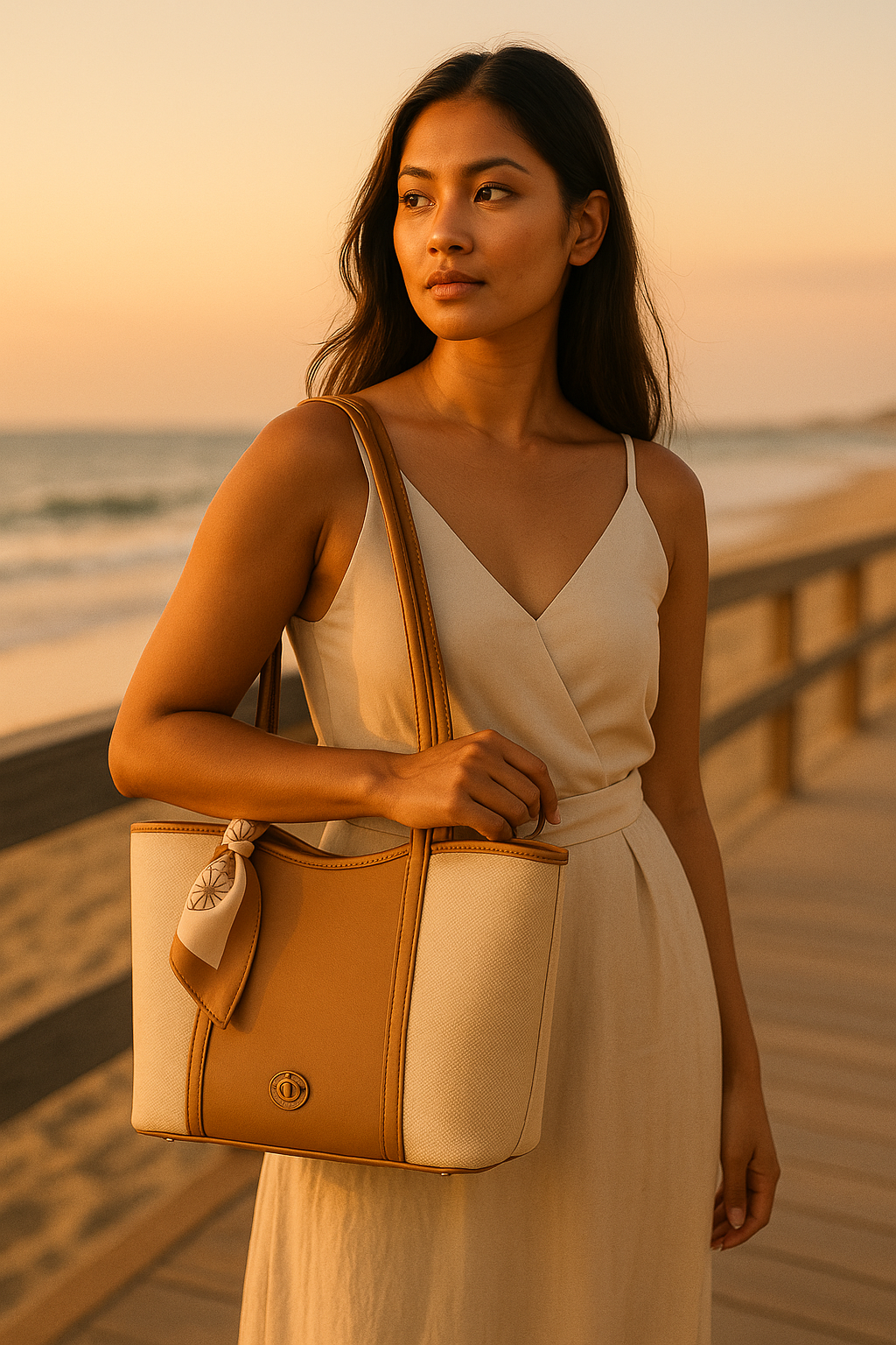 Woman holding a beige handbag on a beach at sunset