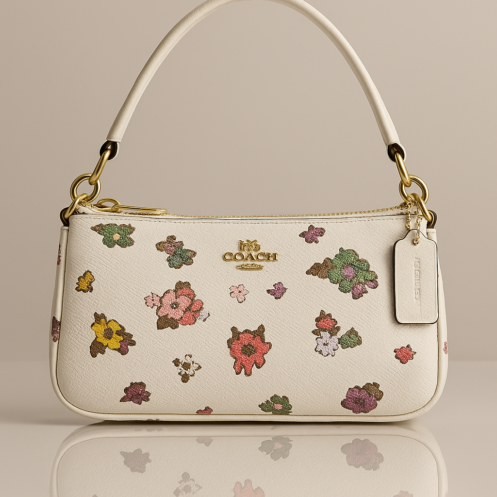 Coach handbag with floral pattern on a beige background