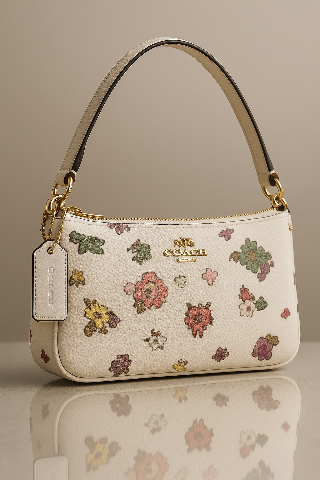 Coach handbag with floral pattern on a beige background