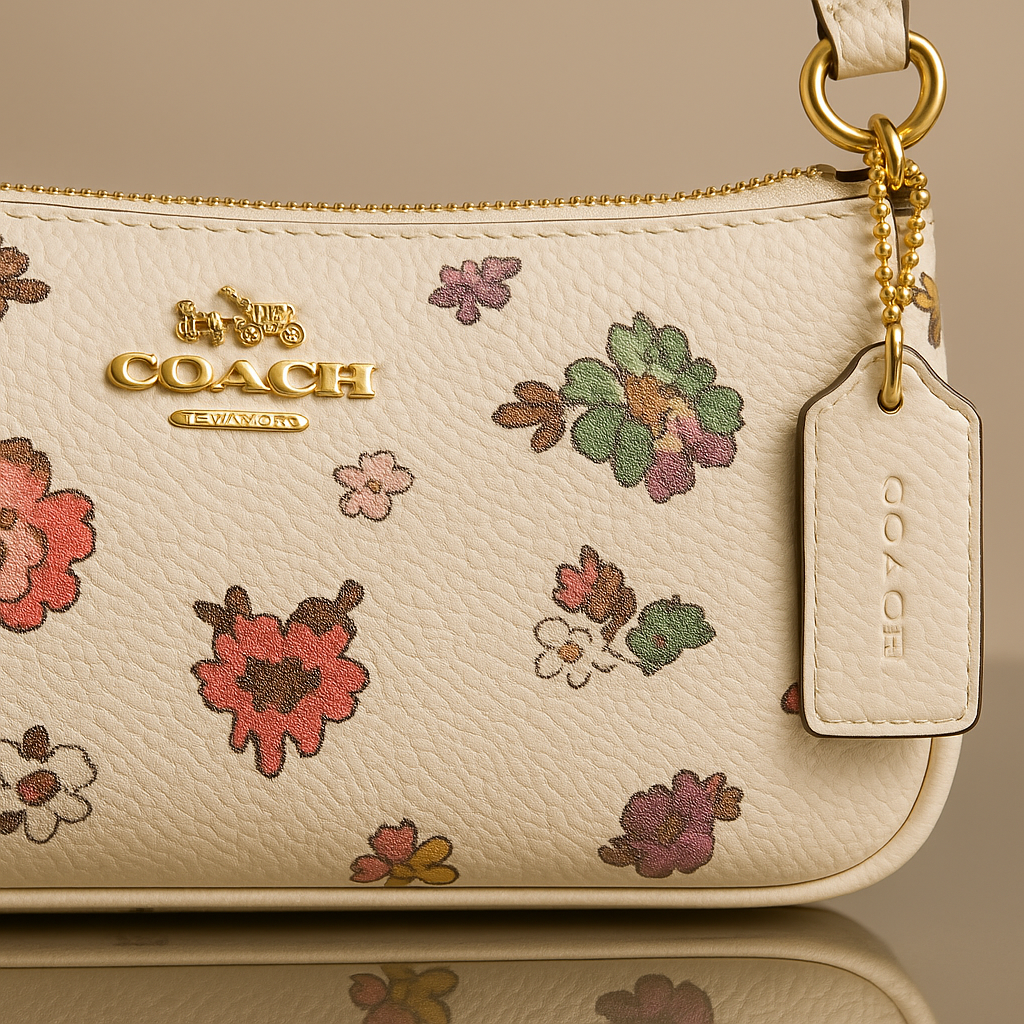 Beige Coach handbag with floral pattern and gold tag on a beige background