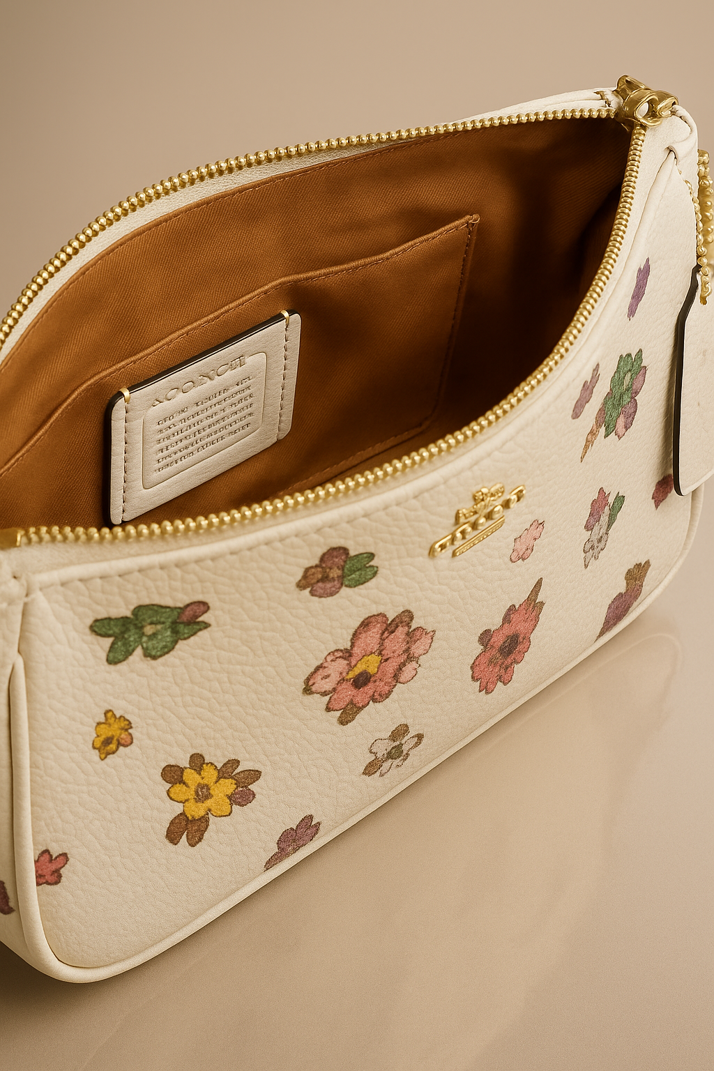  Coach Floral-patterned handbag with a gold zipper on a beige background